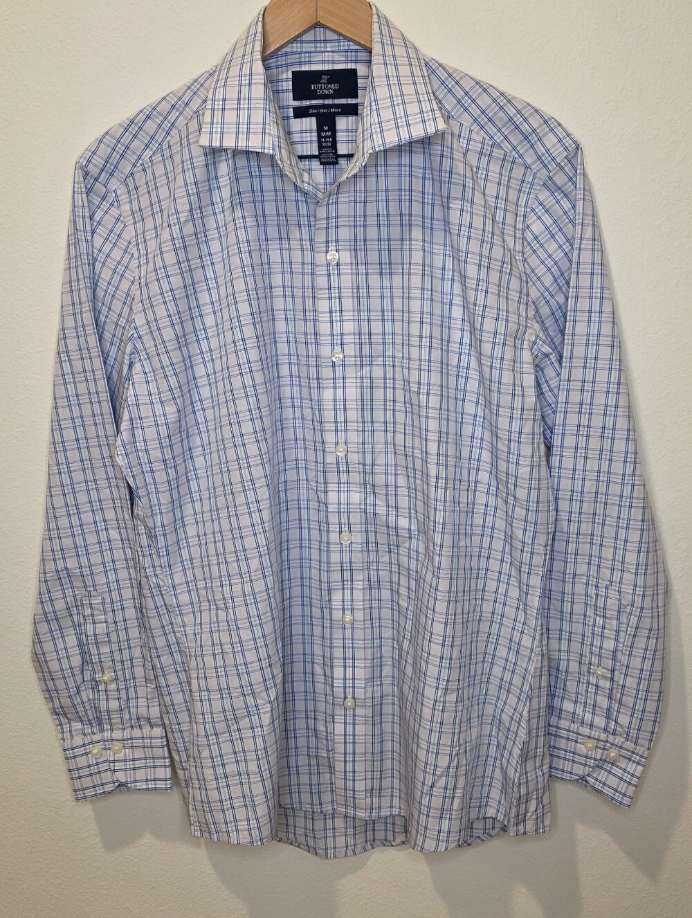 Buttoned Down Men's Blue & White Plaid Long Sleeve Button Down Shirt Size M